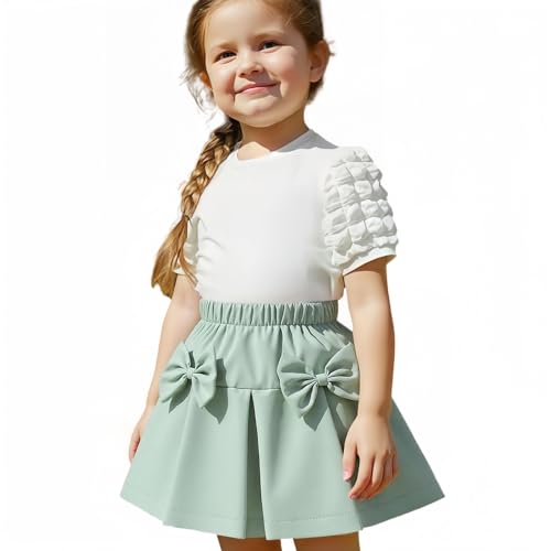 Image of Toddler Girl Summer Outfits Puff Short Sleeve Ribbed Knit Tops Mini Skirt Set Cute Girl Clothes