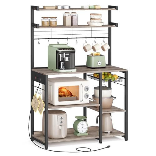 VASAGLE Bakers Rack with Power Outlet, 35.4 Inches Microwave Stand, Coffee Bar, 4 AC Outlets, with Adjustable Shelves, 8 S-Hooks, Basket, Spice Racks, Heather Greige and Ink Black UKKS031K02 by VASAGLE - Used condition - US$75.62