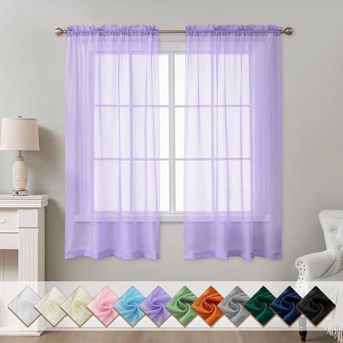 Image of Purple Sheer Curtains 63 Inch Length, Privacy Semi Sheer Curtains for Living Room Bedroom, Light Filtering Rod Pocket Voile Window Drapes 2 Panels Set, Each 42 inch W x 63 inch L