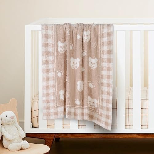 Image of Beige Teddy Bear Baby Blanket 30x40 Inch Soft Knitted Plush Throw, Nursery Essentials for Newborn Boys Girls Toddler, Chenille Swaddle Blanket