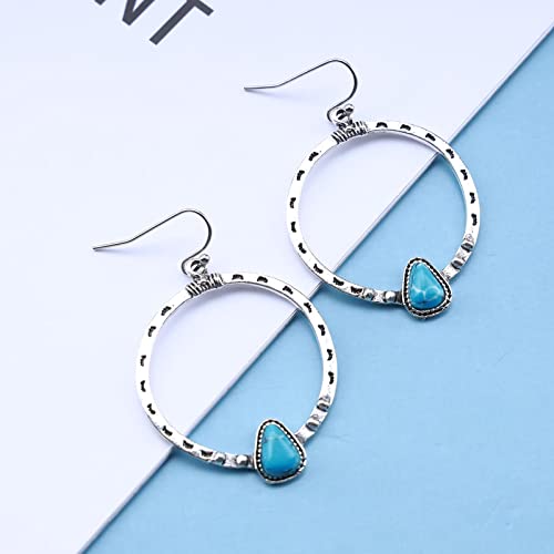 Boho Turquoise Circle Dangle Earrings Silver Large Circle Drop Earrings Turquoise Bead Dangling Earrings Geometric Circular Hoop Hook Earrings for Women3