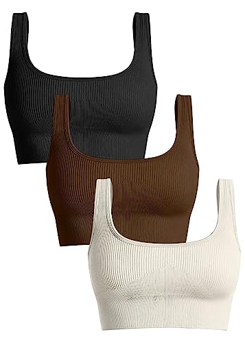 Gym Summer Cute Sports Bras for Women Sexy Workout Ribbed Sleeveless Basic Halter Athletic Crop Tops Built in Bras for Women(Black+Coffee+Beige,M)
