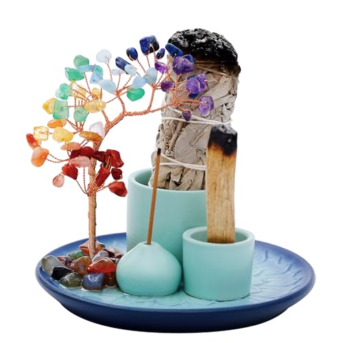 5 in 1 Incense Burner Holder with Crystal Tree for Burning Palo Santo Stick, Sage, Incense Sticks, Candle, Ceramic Tray Ash Catcher, Meditation Gift (Sky-Blue)