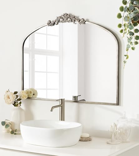 Image of Kate and Laurel Arendahl Ornate Traditional Arched Mirror; 36 x 29; Silver; Decorative Baroque Style Arched Wall Mirror with Wide Frame and Ornamental Crown