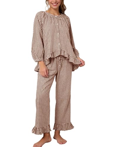 Image of Flygo Womens Plaid Pajamas Sets 2 Piece Cotton Pj Set Puff Sleeve Ruffle Babydoll Shirt Gingham Pants Lounge Sets