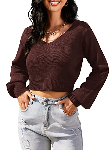 Image of ZAFUL Women's Cropped Sweater V-Neck Long Sleeve Pullover Jumper Knit Top