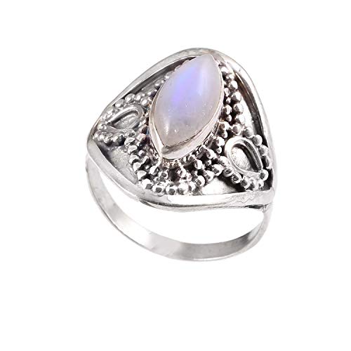 925 Sterling Silver Women Ring|Natural Gemstone White Rainbow Ring for Girls|Wedding Band for Women and Men|Statement Ring, Genuine Gemstone Ring, Engagement Ring|Ring Size 7.5 US(R-50)