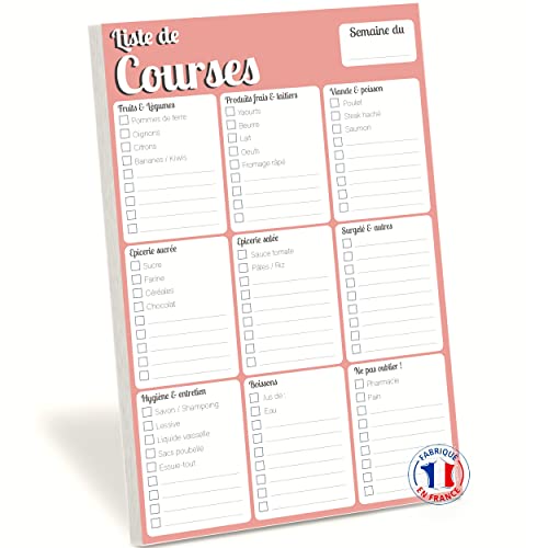WHINAT - BLOC NOTE FRIGO MAGNETIQUE - ' Liste de courses ' - Mémo aimanté hebdo à mettre sur son réfrigérateur dans la cuisine pour planifier ses courses & les menus de la semaine - Edition Rose