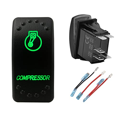 Image of Green Backlit Compressor Rocker Switch 5 Pin ON-Off Laser Etched Button Switch with Wires for Car Marine Boat UTV 20A /12V 10A /24V