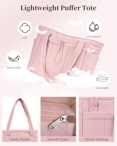 Image of Puffer Tote Bag for Women Handbag Nurse Bag with Cup Holder & Laptop Compartment & Trolley Sleeve for Work Travel Pink
