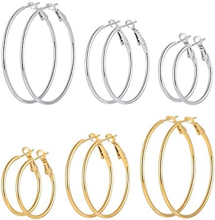 6 Pairs Stainless Steel gold silver Plated Hoop Earrings for Women Girls, Hypoallergenic Hoops Women's Earrings Loop Earrings Set (30.40.50mm)