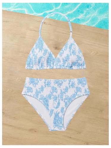 Image of RoseSeek Girl's Tie Dye Smocked 2 Piece Swimwear Sets Backless Halter Bikini Cute Brief Bathing Suit