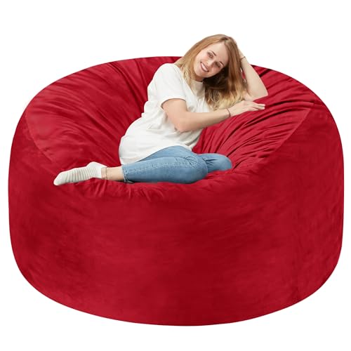 Homguava 5FT Bean Bag Chair Giant BeanBag with Memory Foam Filled, Comfy Bean Bag Chairs for Adults, Adult Bean Bag Chair with Dutch Velvet Cover for Living Room Bedroom-Red