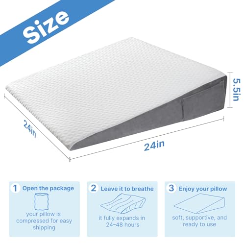 Image of Vekkia 24 inch x 24 inch x 5.5 inch Bed Wedge Pillow for Sleeping - Triangle Pillow for Sleep Apnea, Acid Reflux, Snoring & Back Support, Post-Surgery Recovery, with Pockets & Washable Cover