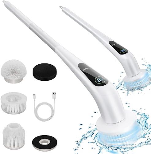 KGDJS Electric Spin Scrubber, Cordless Shower Scrubber, Electric Spin Cleaner with 4 Replaceable Shower Cleaning Brush Heads and 1 Extension Arm for Tub, Tile, Kitchen, Bathroom