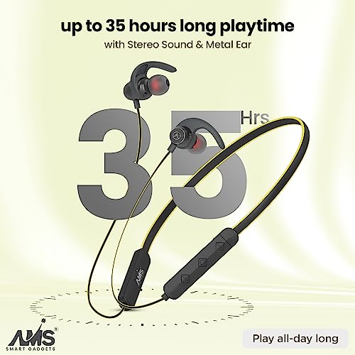 Image of AMS Royal Series Sports Wireless Neckband Earphone with Extra Bass Upto 35 Hours Playtime, Sweat & IPX5 Water Resistance, (NB22, Yellow)