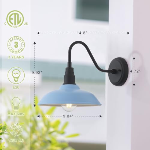 Image of 10 Inch Dome Gooseneck Barrn Light Outdoor, Baby Blue Goose Neck Farmhouse Outdoor Lights Fixture, Barn Style Exterior Wall Lighting Fixtures for Garage, Porch, Entryway