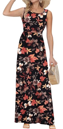 Image of AUSELILY Women's Summer Sleeveless Loose Plain Casual Long Maxi Dresses | Year Round wear solid floral print, Casual daily wear, Empire waist, Floor length, Side pockets New