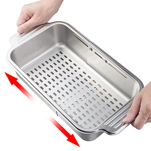Choxila Over the Sink Strainer Colander Extendable Stainless Steel - Pasta Drying Rack Strainers and Colanders Sink Strainer (4.7 W x 13.2-17.5 L x 2.4 H)
