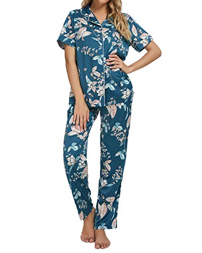 Max&in Womens Pajamas Set Satin Pajamas Short Sleeve Top with Long Pants Elegant Floral Nightwear Silky Sleepwear Comfy Loungewear Set for Women