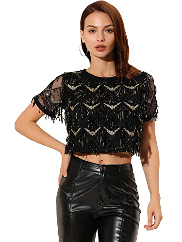 Allegra K Women's Sequin Shiny Glitter Crop Top Christmas Short Sleeves Sexy Party Tassel T-Shirt