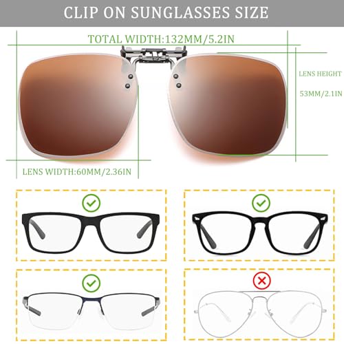Image of Polarized Clip on Sunglasses over Prescription Glasses Unisex, Large Size 60 * 53MM UV400 Flip-up Clip-on Shades (Brown)