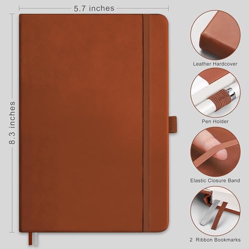 Image of RETTACY Dotted Journal Notebook, 192 Pages, A5 Medium Size (5.7'' x 8.3'') | Leather Hardcover, 100 GSM Thick Paper, for Journaling, Planning, Tracking (Brown)