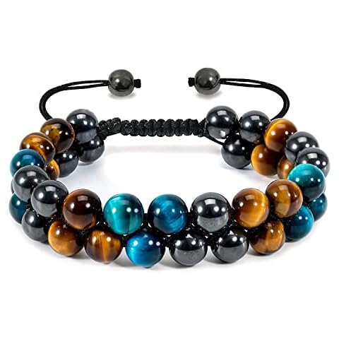 WFJ Triple Protection Bracelet Mens Stone Bead Bracelet - Adjustable Blue and Yellow Tiger Eye 8MM Bracelet… Cover