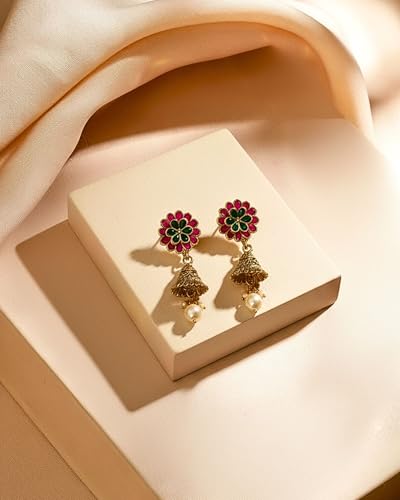 Image of Mansiyaorange Antique Gold South Indian Floral Motif Kundan Pearl Stone Jhumki Stud Earrings For Women