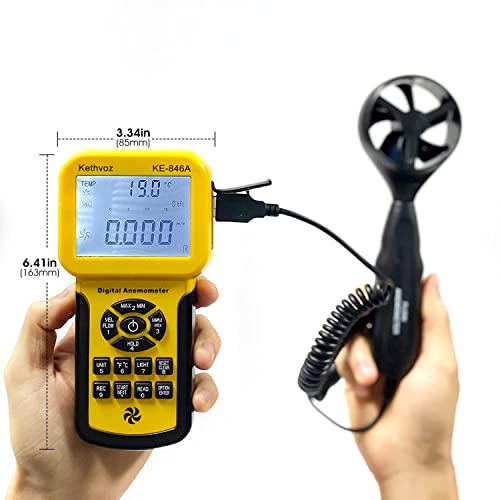 Kethvoz HVAC Anemometer CFM Wind Speed Meter, Digital Airflow Tester Measure Air Velocity Volume Temperature for AC System, Industrial Anemometro with Backlight MAX MIN AVG Data Storage KE-846A - Thumbnail 6