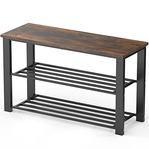 Simple Houseware Wood Top Shoe Storage Bench for Entryway, Rustic Brown