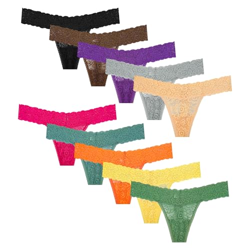 Image of Pack 10 Seamless Lace Thongs for Women Plus Size Breathable Panties Low Rise T-back Stretch Cotton No Show Underwear