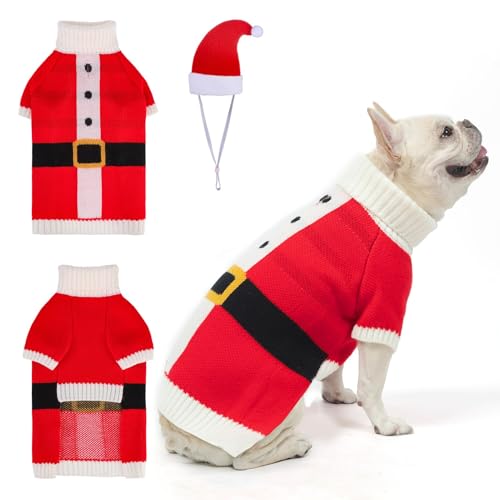 Image of BEAUTYZOO Dog Christmas Sweater for Small Medium Dogs Girls Boys, Dog Santa Claus Costume Outfits with Hat & Leash Hole, Turtleneck Knitted Pullover Xmas Puppy Sweaters Cold Weather Clothes, Red M
