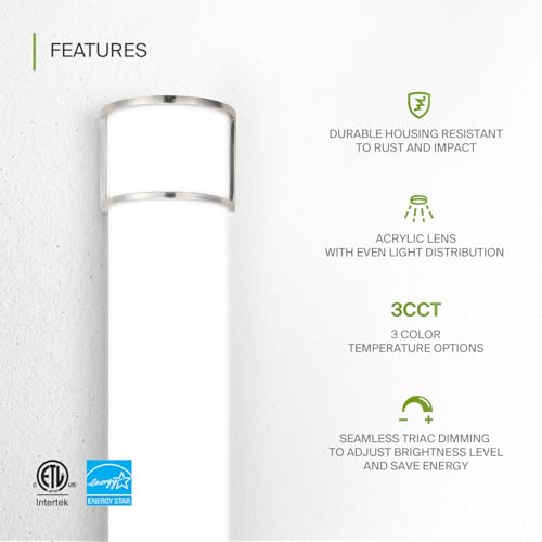 Image of ASD LED 48 inch Vanity Flush Mount Light Fixture, Linear Bathroom Lighting Bar | 3CCT, Dimmable, Energy Star, ETL Listed | 35W 3200LM 3000-5000K 120V | Long Tube Bath Wall Sconce Over Mirror | Nickel
