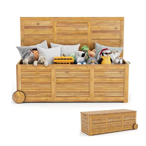 GOPLUS Caja de almacenamiento exterior de 182L rodante, caja de almacenamiento de madera de acacia con 2 ruedas, asa lateral, funda impermeable, para cojines, almohadas, mantas, juguetes, natural