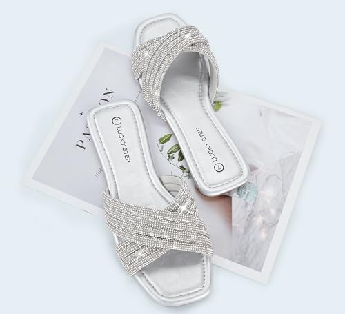 LUCKY STEP Women's Rhinestone Flat Sandals Glitter Slide Sparkle,Silver,8.5 by LUCKY STEP - Used condition - Image 5