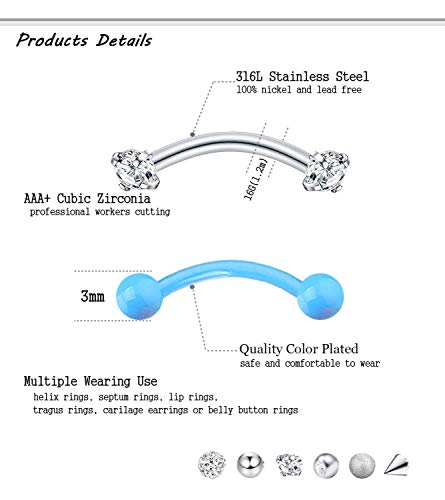 20-48Pcs 16G Eyebrow Piercing Rook Curved Barbell Kit Eyebrow Tragus Lip Rings for Women Men 8-10mm2