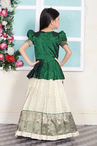 Image of FELIZ THE DESIGNER STUDIO Jecquard Silk Traditional Wear Pattu Pavadai Lehenga Choli Set Kids Girls (BIT-Pokemon-DOT Green-White 5 6 Years)