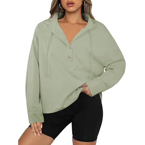 ECOWISH Women Long Sleeve Tops: Casual Fall Button Down Shirts Trendy V Neck Blouses Spring Pocket Pullovers Fashion Outfits Green Large Cover