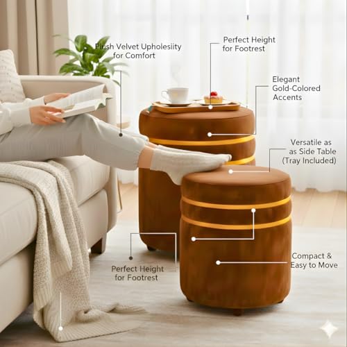 Image of Decorative Ottoman Pouffes for Sitting - Two-Piece Set of Puffy Stools and Footstools - Round Ottoman Stool for Living Room Furniture (Brown)