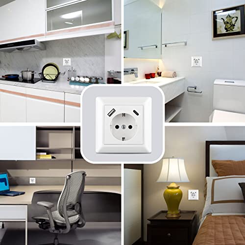 Kaifire USB C Steckdose, Schuko Unterputz Steckdose mit USB Anschluss und Typ C Port max.3.4A System 55 Reinweiß Glänzend Schutzkontakt Wandsteckdose Passent in Standard Unterputzdose für Smartphone