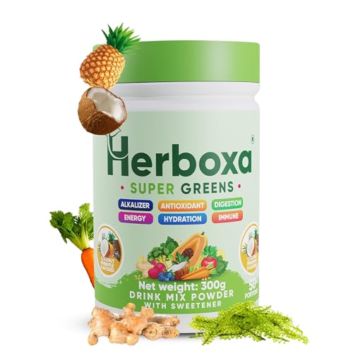 Herboxa SUPER GREENS suplemento verde premium con raíz de achicoria, zinc y cromo, sabor coco piña, ideal para el bienestar diario – 50 porciones