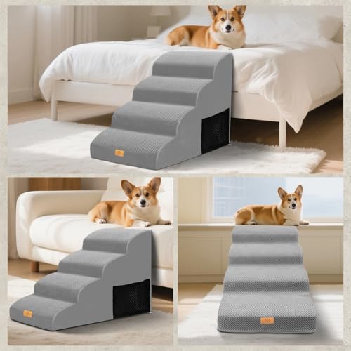 Thihome Hundetreppe 4 Stufen, 50cm hoch Schwamm Haustiertreppe für Hunde und Katzen, rutschfest Haustierleiter Katzentreppe mit Waschbar Bezug für Sofa Bett, Grau
