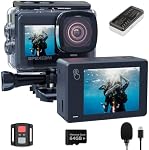 Apexcam Dual Screen Action Camera 4K60FPS Touchscreen 8X Zoom EIS 64MP with 64GB Card Ultra HD WiFi Sports Camera Underwater Camera 40m Waterproof 2.4G Remote Control 2x1350mAh Batteries