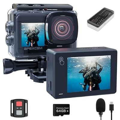 Apexcam X80PRO Dual Screen Action Cam 4K60FPS 8X Zoom EIS 48MP with 64GB Card Ultra HD WiFi Sports Camera, Underwater Camera 2.4G Remote Control, 2X Batteries for Snorkel, Travel, Motorcycle, Bicycle