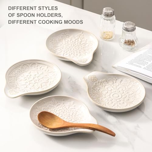 Image of Farmhouse Ceramic Spoon Rests Holder for Kitchen Counter Stove Top (White-A1)