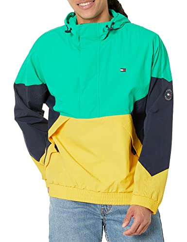 Tommy Hilfiger Men's Retro Lightweight Taslan Hooded Popover Water Resistant Windbreaker Jacket, Aqua Green/Navy/Yellow, Medium #TOP1