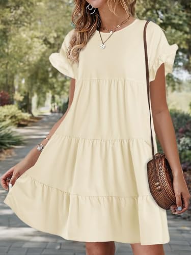 Image of Chuanqi Womens Ruffles Boho Floral Printed Babydoll Loose Swing Casual Short Mini T-Shirt Dress