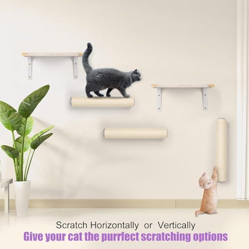 Image of Wall Mounted Cat Scratching Post for Indoor Cats | Kitten Wall Shelves Climbing Furniture| Sisal Rope Cat Claw Scratcher Tree (Wall Mount)