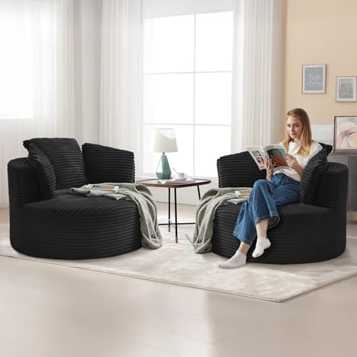 Image of Antetek 48.8-inch Round Chair, Modern Accent Corduroy Comfy Deep Seat Boneless Foam Floor Single Circle Chaise Sofa Chair with 3 Pillows for Living Room Bedroom Office, No Assembly Required, Black